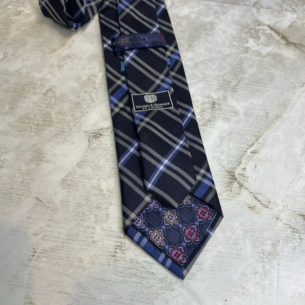 Haines & Bonner Of London Tie Multi Blue Hand Made 100% Silk Men’s Necktie 59.5